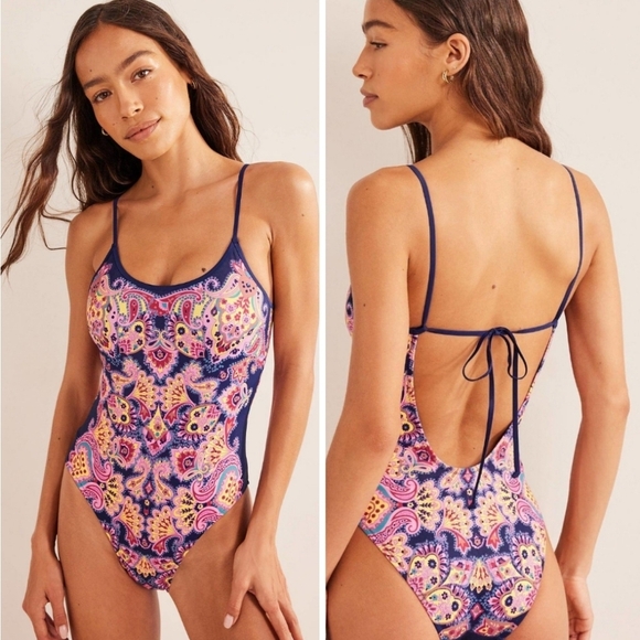 New Boden Scoop Tie Back One Piece Swimsuit Navy Pink Paradise 8 - Picture 1 of 9